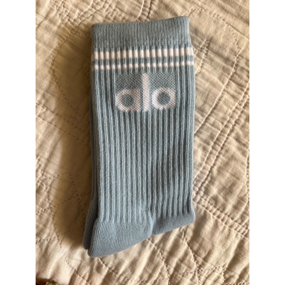Alo Yoga Throwback Socks Light Blue White Striped Ribbed Crew Socks